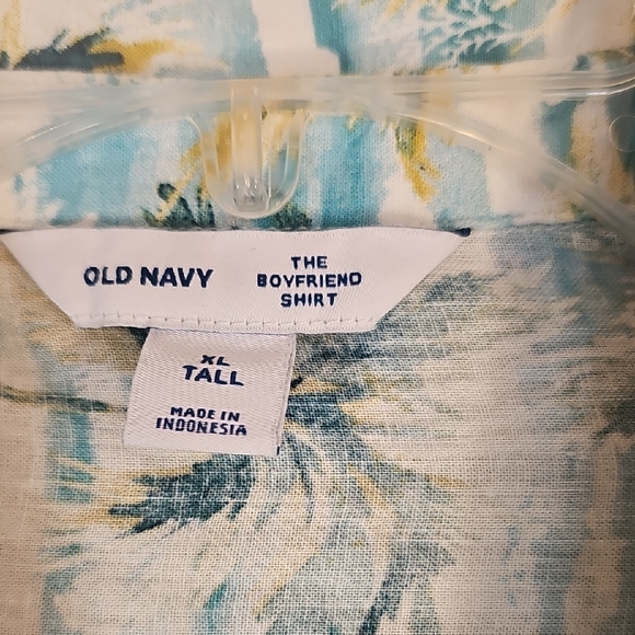 Old Navy Linen Blend The Boyfriend Shirt Button Down Palm Tree Size XL Tall - Picture 2 of 6